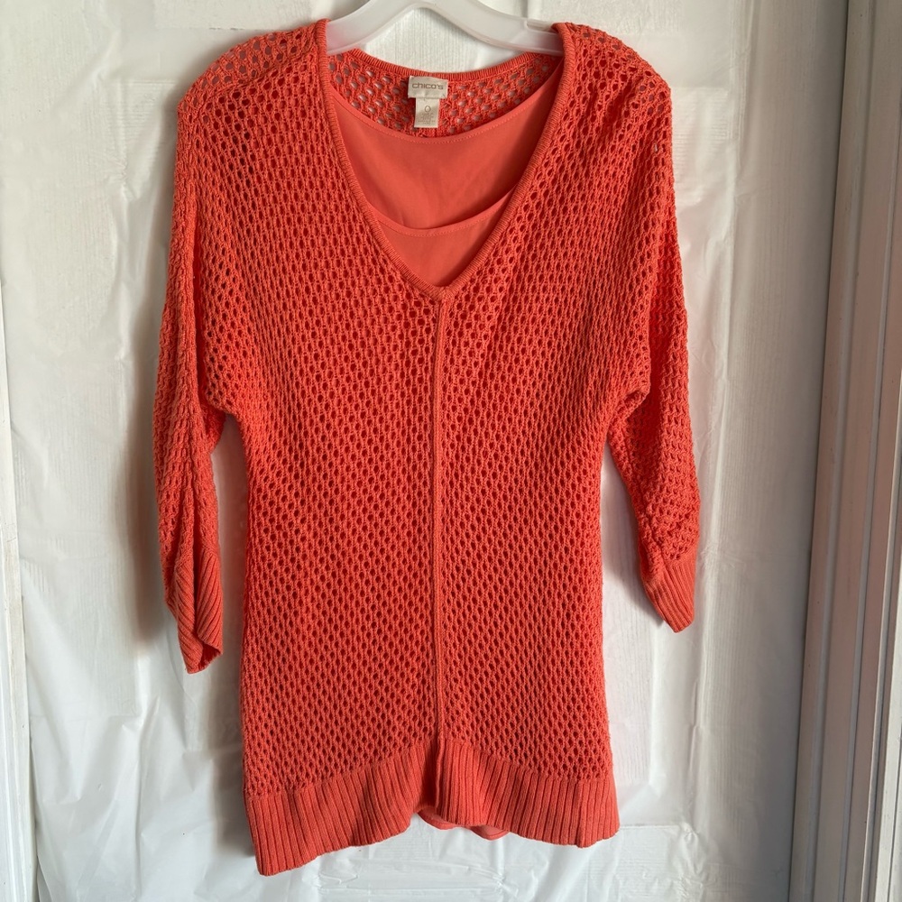Chico's Sweater Womens SZ XS Open Knit Lined V-Neck Sheer Pullover Layered Tunic